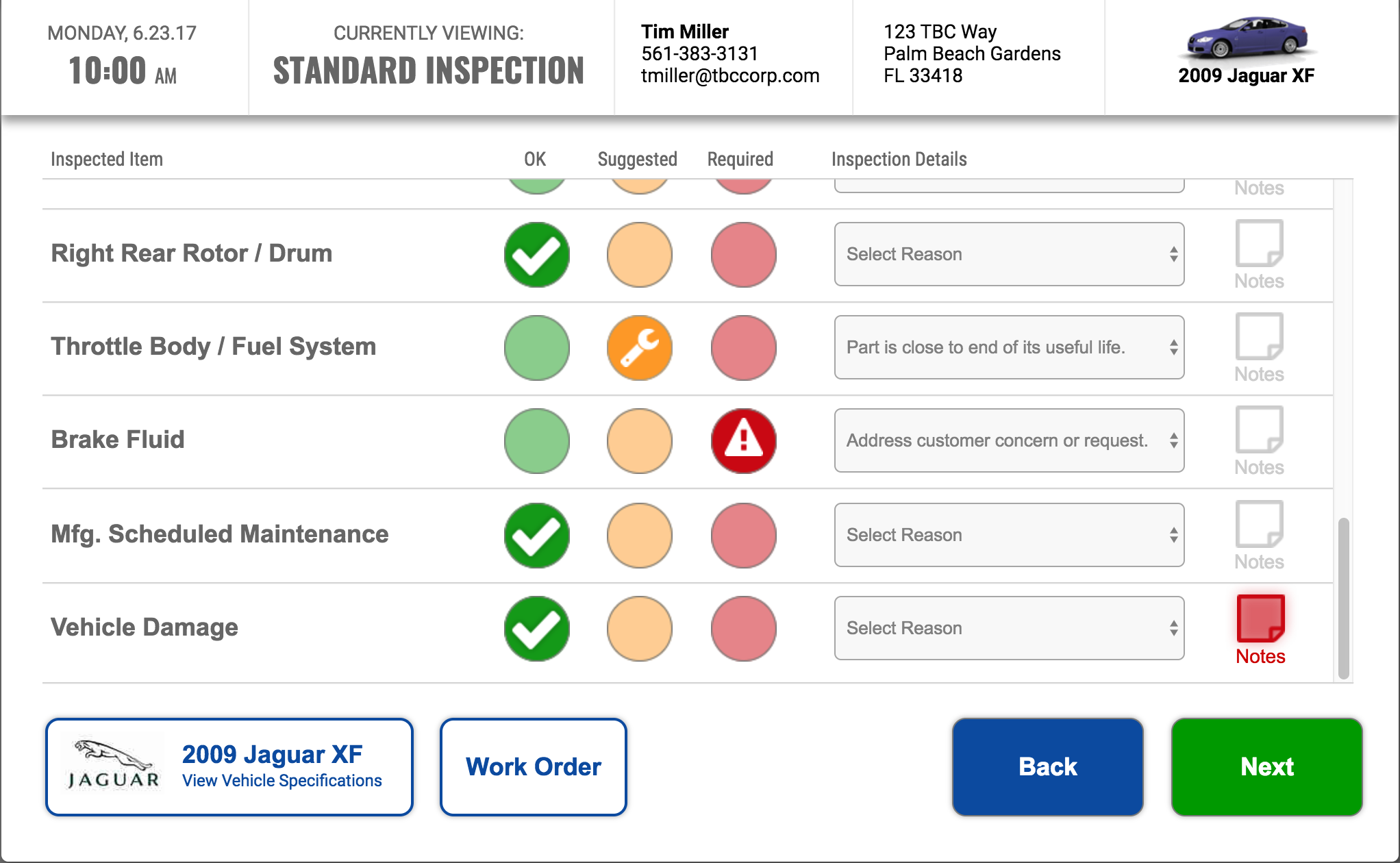 Internal Mechanic Reporting Tablet App Display.